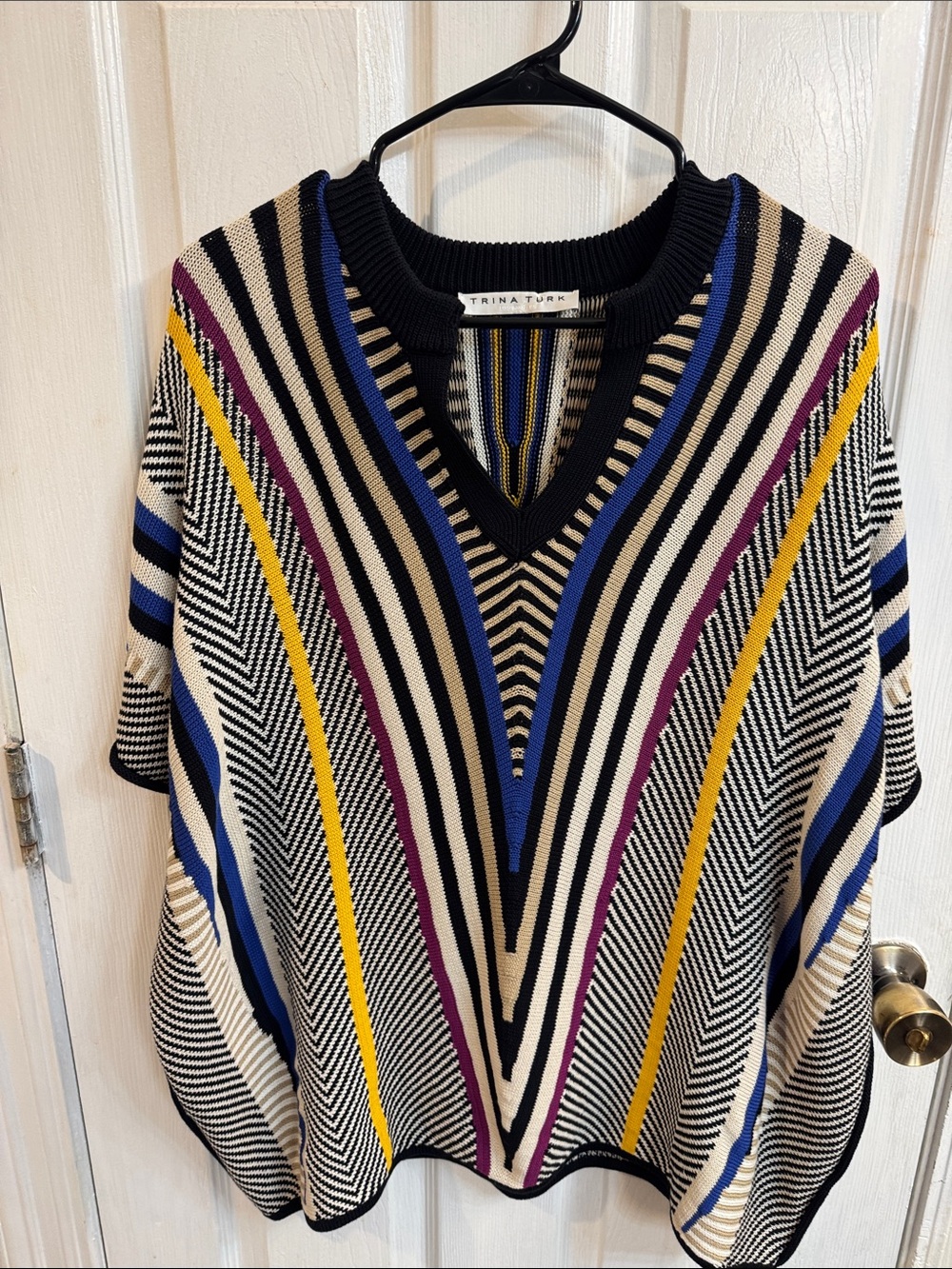 Trina Turk V-Neck Striped Sweater in Black, Cream, Blue, Yellow & Purple